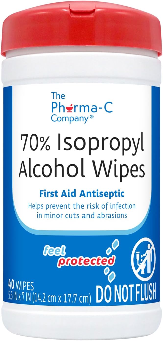 The Pharma-C Company -70% Isopropyl Alcohol Wipes [6 pack - 40ct Canisters] - Bulk IPA First Aid Antiseptic Wound Cleaner with Moisture Lock Lid. For minor cuts, scrapes, and burns.