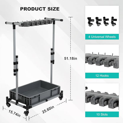 Rolling Cleaning Cart with Mop & Broom Organizer,Movable Floor-Mounted Mop Rack Floor Standing Cleaning Tool Cart with Wheels for Housekeeping, Garage &Garden