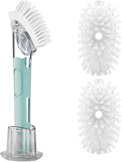 Soap Dispensing Replacement Dish Brush Storage Set with 2 PCS Brush Refills & Holder - RIMAY Dispenser Scrub Cleaning Scrubber Kitchen Dishwashing Dish Wand Handle for Dishes/Pans/Pots/Sink(Blue)