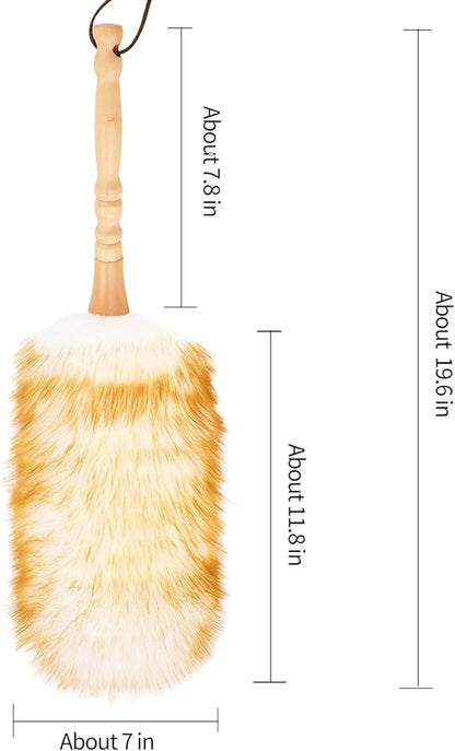 Lambswool Duster with Solid Wooden Handle,Leather Hang Strap,Comfortable Grips 19.6 inch Long Natural Feathers Dusters for Cleaning Wall Plant Desk Blind Cleaner Duster Tool