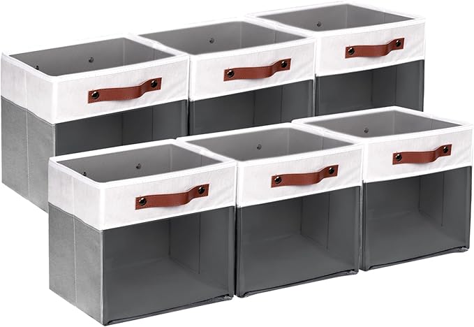 HNZIGE 11x11 Cube Storage Bins for Cube Organizer, Clear Fabric Storage Cubes for Storage Shelves, Collapsible Decorative Storage Bins for Clothes Closet Toys Cubby Storage Bin(White Gray 6 PCS