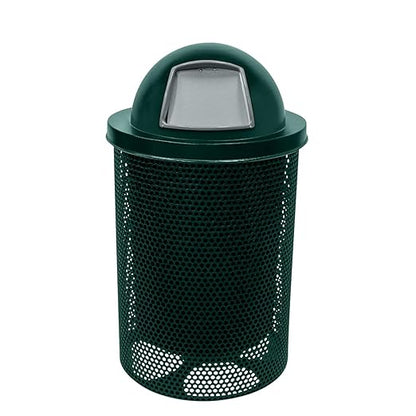 COATEDOUTDOORFURNITURE Coated Outdoor Furniture 32-Gallon Heavy-Duty Punched Steel Round Trash Receptacle, Commercial Outdoor Waste Bin with Liner & Dome Lid – Made in America (Textured Dark Green)