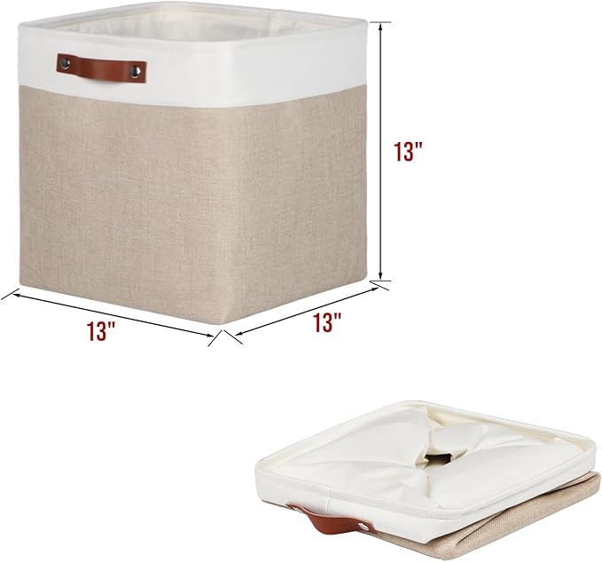 Univivi 4 PC 13 Inch Cube Storage Baskets with Hard Bottom for Shelves Foldable Storage Baskets for Closet Storage Clothes,Cube Storage Bin, Storage Basket with Handles for Organizing (Khaki)