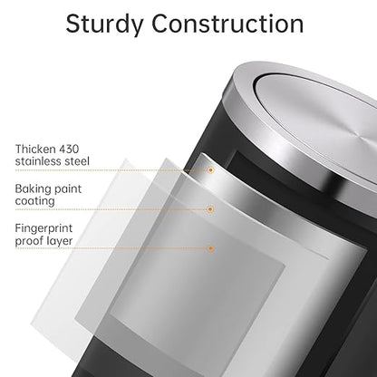 Mbillion Small Trash Can with Swing Lid 4 Gallons/15 Liter, Mini Trash Can with lid, Stainless Steel Cylindrical Garbage Can for Home and Office, for Ground and Desktop(Black)