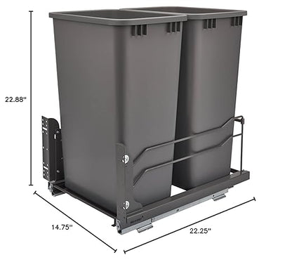 Rev-A-Shelf Pullout Dual Trash Cans for Full Height Kitchen Garbage Cabinet 50 Quart 12.5 Gallon with Soft-Close Slides, Orion Gray, 53WC-2150SCDM-213