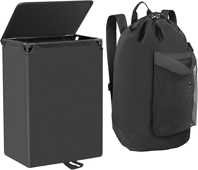 60L 2-in-1 Laundry Hamper with Laundry Backpack, Waterproof Basket with Lid, Laundry Bag with Shoulder Straps and Mesh Pocket, Hamper for College Dorm, Travel, Apartment, Laundromat