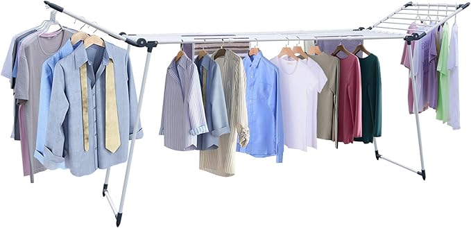 Clothes Drying Rack, Gullwing Laundry Rack Adjustable and Foldable for Easy Storage Indoor and Outdoor, White & Gray
