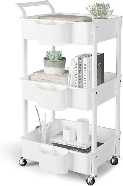 3-Tier Utility Rolling Cart,Mobile Utility Cart with Lockable Caster Wheels,Storage Shelves Organizer Cart, 3 Hanging Baskets, Easy Assembly,for Bathroom, Kitchen, Office, Workshop