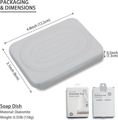 Diatomite Soap Dish for Kitchen Organizer, Quick Dry Sink Caddy Holder for Sponge, Brush, Toothbrush - Fast Absorbing Stone Tray (Light Grey, 4.8" x 3.1")
