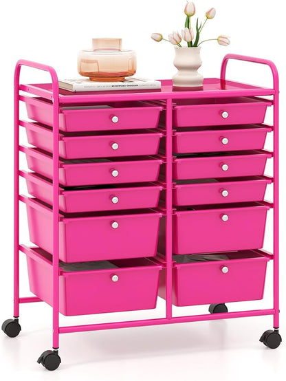 GOFLAME 12-Drawer Rolling Storage Cart, Multipurpose Organizer Cart with 2 Sizes Plastic Drawers, Mobile Utility Cart with Lockable Casters for School, Home Office, Beauty Salon, Hot Pink