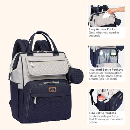 BabbleRoo Diaper Bag Backpack, Multifunction Large Bags with Changing Pad & Stroller Straps Pacifier Case, Unisex Stylish Travel Back Pack Nappy for Moms Dads (Stone Gray Blue)