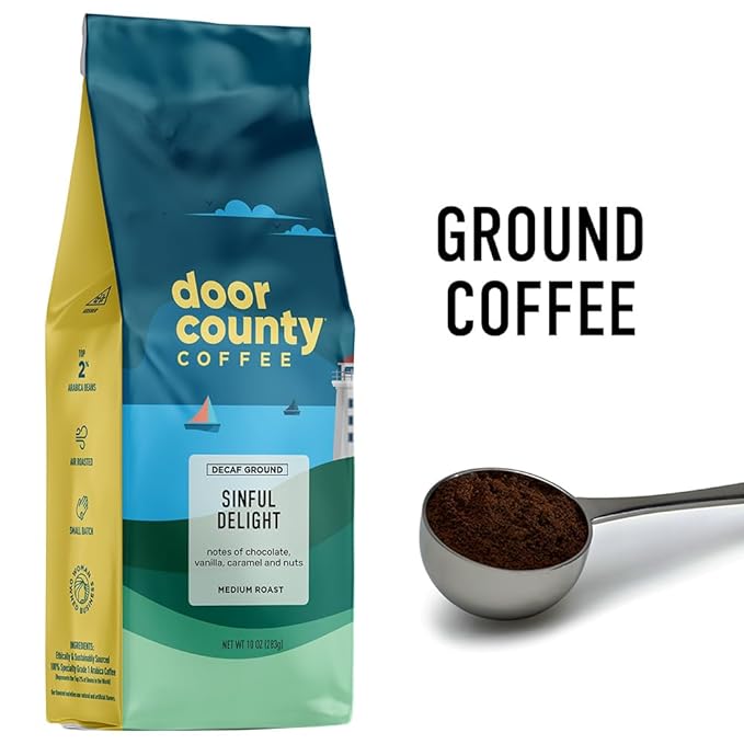 Door County Coffee - Sinful Delight DECAF, Chocolate, Vanilla, Caramel and Hazelnut Flavored Ground Coffee - Medium Roast, 283g