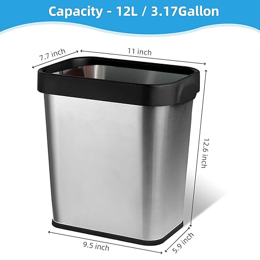 3 Pack Stainless Steel Trash Can 3 Gallon, Open Top Trash Can, 8" x 11" x 13", Rectangle Rubbish Bin, Slim and Narrow, No Lid Small Wastebasketfor Kitchen, Bathroom, Living Room, Office