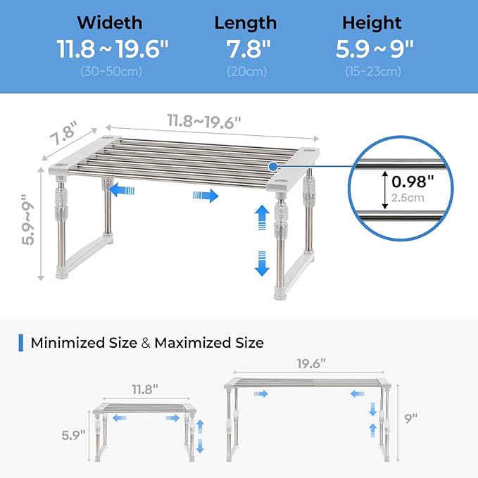 carrotez Expandable Cabinet Organizer, Set of 1 Width & Height-Adjustable Kitchen Cabinet Organizer Shelf, Stackable Kitchen Counter Shelf, 11.8~19.6 x 7.8 x 5.9~9" White