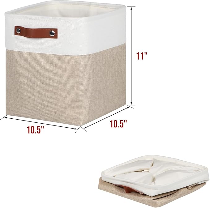 Univivi 4 PC Foldable Storage Baskets,10.5 inch Fabric Storage Bins for Shelf with Hard Bottom,Storage Baskets with PU Handles Cube Storage Bins for Closet Organizing (Khaki)