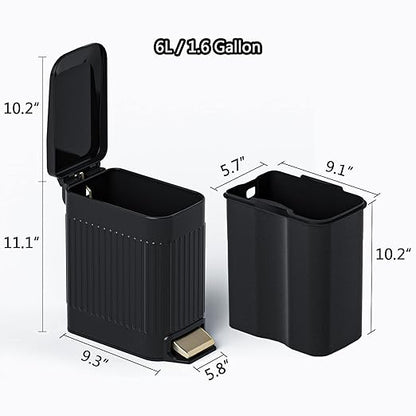 CEROELDA Small Bathroom Trash Can with Lid Soft Close-5L/1.3 Gal Slim Garbage Can-Metal Step Wastebasket-Rectangle Narrow Waste Bin for Office, Bedroom, Toilet, Live Room (Embossed-Black)