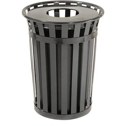 Global Industrial 36 Gallon Outdoor Slatted Steel Round Trash Can with Flat Lid, Plastic Liner & Anchor Kit Included, 28" W x 36" H, Commercial & Industrial Trash Can, Black