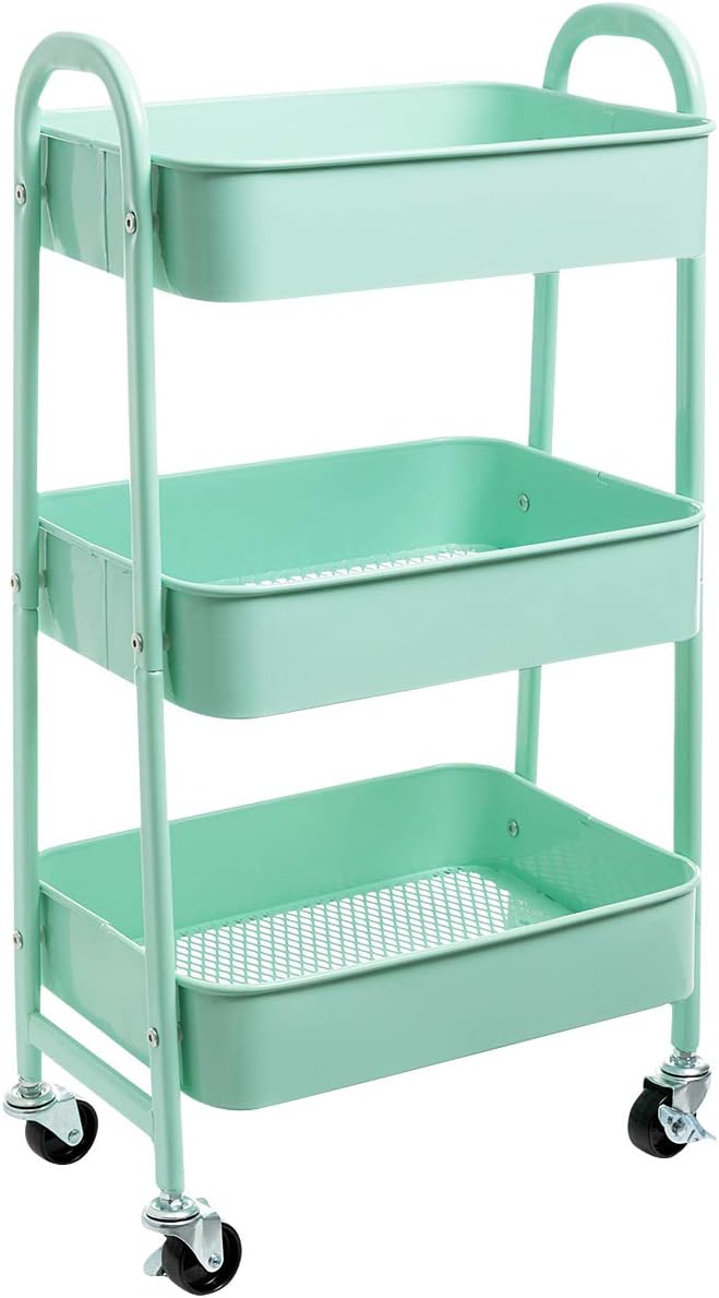 AGTEK Makeup Cart, Movable Rolling Organizer Cart, Macaron Blue 3 Tier Metal Utility Cart