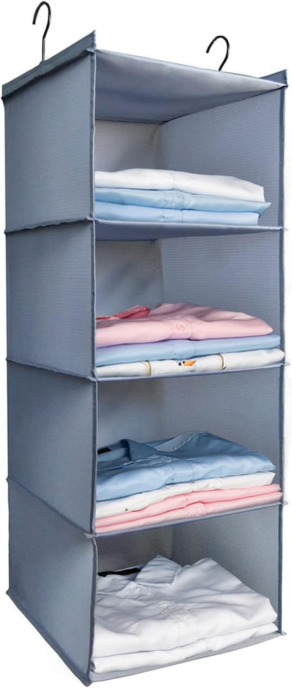 Hanging Closet Organizer, Easy Mount Foldable 4-Shelf Hanging Closet Wardrobe Storage Shelves, Clothes Handbag Shoes Accessories Storage, Washable Oxford Cloth Fabric, Gray