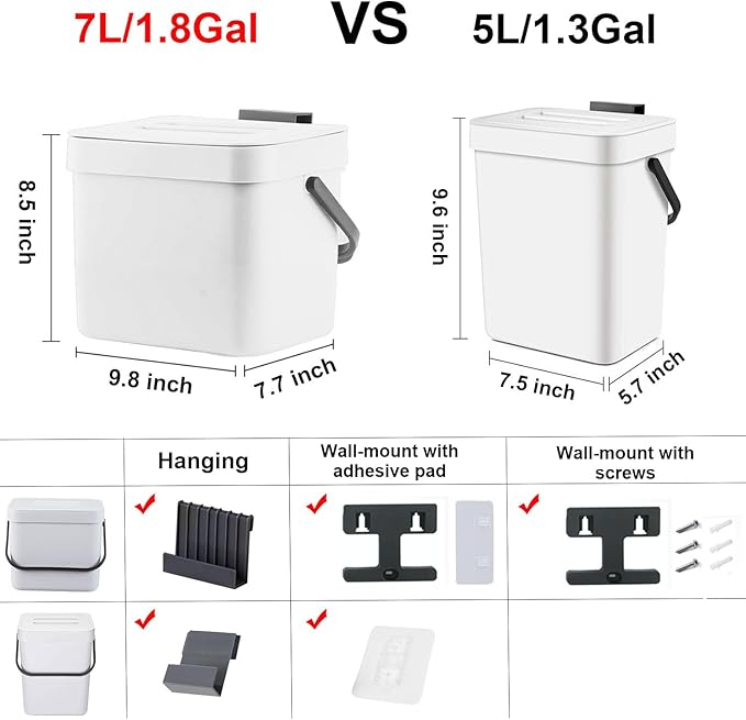 LALASTAR Trash Can with Lid, Wall-Mounted Under Sink Small Garbage Can for Kitchen, Bathroom, Hanging Plastic Trash Can, 1.8 Gallon, White