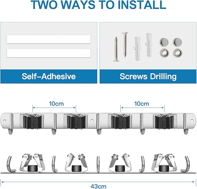 IMILLET 2 Broom Holder Wall Mounted, Stainless Steel Broom Mop Holder Self Adhesive Heavy Duty Hooks Storage Organizer for Home Laundry Room Garden Garage Closet Kitchen（4 Racks with 5 Hooks）