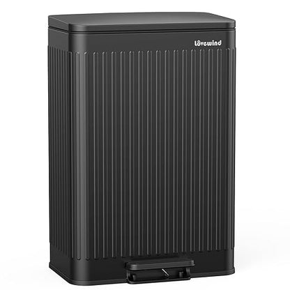 Lovewind 60 Liter/ 16 Gallon Stainless Steel Trash Can with Soft-Close Lid, Large Footstep Garbage Can with Roman Texture, Removable Inner Buckets, Recycling Bin for Kitchen Office, Black