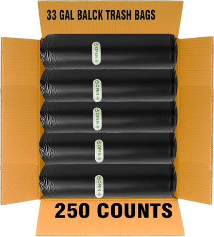33 Gallon Trash Bags, 250 Count Bulk, Black Garbage bags, Multi-purpose Trash Can Bin Liners for Home Commercial, Outdoor, Construction, Industrial, Janitorial, Municipal, Lawn, Leaf