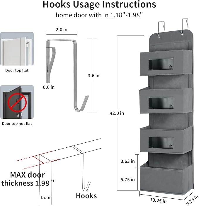 MAX Houser 4-Shelf Over The Door Hanging Organizer with 2 Metal Hooks,4 Pocket Over The Door Wall Mount Storage with Clear Windows for Baby Nursery Bathroom Closet,Bedroom,Dorm,Diapers,Kids Toys(Gray)