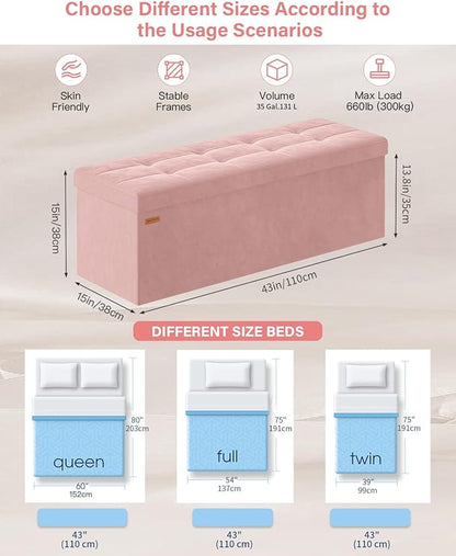 Folding Storage Ottoman, Velvet Storage Bench, Footrest, Removable Divider, for Living Room, Bedroom, 15 x 43 x 15 Inches, 660 lb Load Capacity, Jelly Pink UASND02P