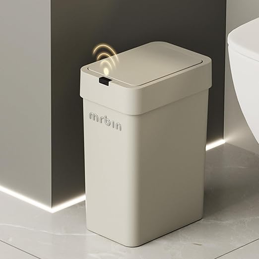 MRBIN Motion Sensor Bathroom Trash Can with Lid, 9L/2.4gal Automatic Plastic Slim Covered Electric Waste Basket, Narrow Rectangle Garbage Bin Under Desk for Small Office, Bedroom, Kitchen, Rv, Gray