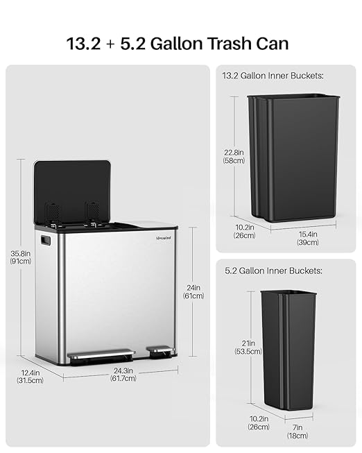 Dual Trash and Recycling Bins for Kitchen, 13.2 + 5.2 Gal (50+20L) Stainless Steel Trash and Recycle Bin Combo with Soft-Close Lid, Large Garbage Cans for Kitchen Home with 2 Magnets Sticker, Silver