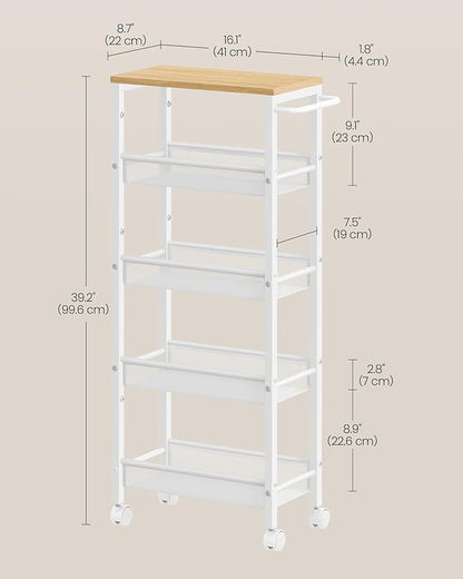 VASAGLE Slim Rolling Cart, 5-Tier Storage Cart, Narrow Cart with Handle, 8.7 Inches Deep, Metal Frame, for Kitchen, Dining Room, Living Room, Home Office, Oak Beige and Classic White ULRC035W09