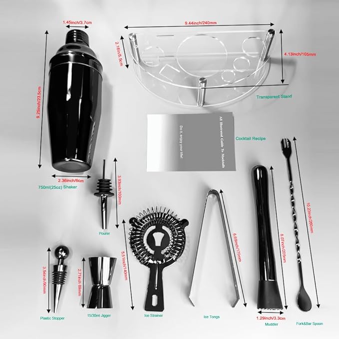 Cocktail Shaker Set with Stand, Cocktail Shaker Bartender Kit: Bar Tool Set, Drink Mixing Includes Martini Shaker,Strainer,Jigger,Bar Mixer Spoon,Muddler, Pourer, Bottle Stopper (Black)