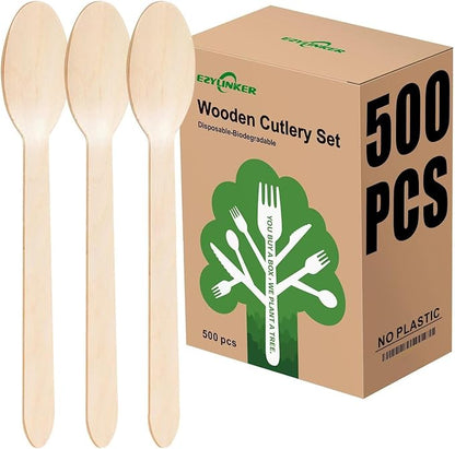 500 Wooden Spoons, Disposable Wooden Cutlery Set - Alternative to Plastic, Eco Friendly, Biodegradable, Compostable Cutlery Set - 500 Wooden Spoons Disposable Utensils Set