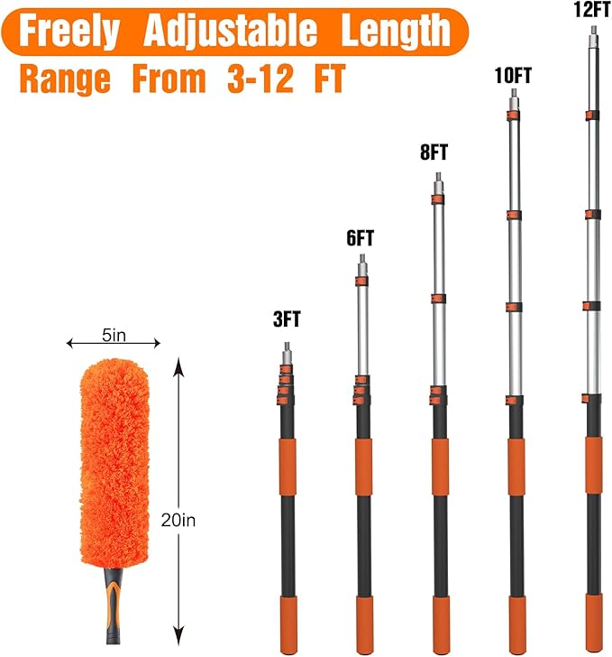 20FT High Reach Duster Cleaning Kit with Extension Pole, High Ceiling Fan Cleaner Duster Tool for Fan Blades, Window Washing Kit with Microfiber Feather Duster & Window Squeegee