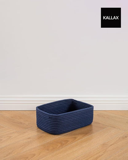 Small Woven Basket, 12 x 8 x 4.5 Inches, Storage Basket for Organizing, Cute Small Rope Shelf Closet Cube Storage Bins Baskets for Shelves, Dog Toy Gift Baskets Empty, 3 Packs, Navy Blue