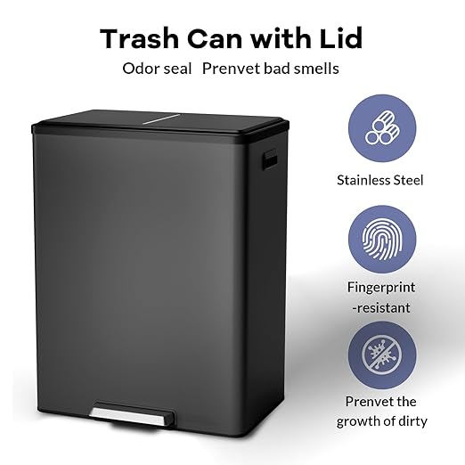 GarveeHome Step Dual Trash Can, 60L/16 Gallon Recycle Bins with Lid, 2 Removable Wastebusket, Step Pedal, Large Stainless Steel Double Trash Bin for Kitchen, Bathroom