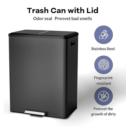 GarveeHome Step Dual Trash Can, 60L/16 Gallon Recycle Bins with Lid, 2 Removable Wastebusket, Step Pedal, Large Stainless Steel Double Trash Bin for Kitchen, Bathroom