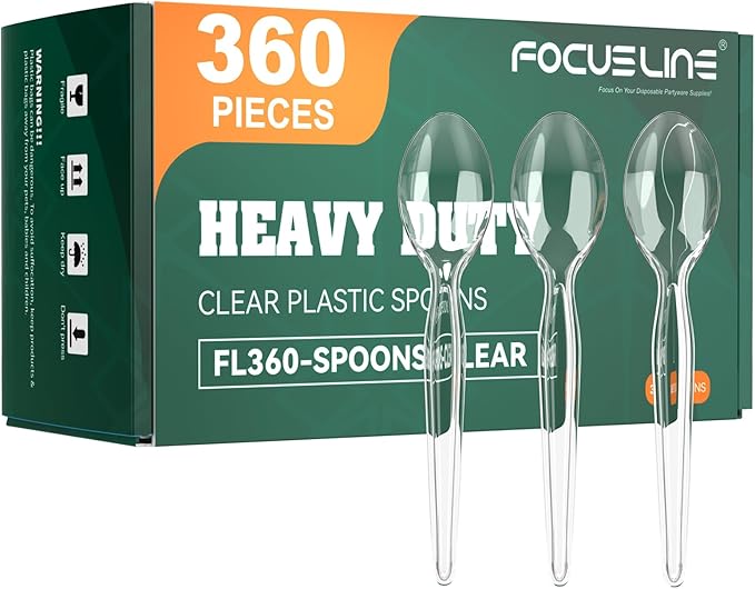 FOCUSLINE 360 Count 6.2 Inch Clear Plastic Spoons Heavy Duty, Solid and Durable Premium Disposable Spoons Bulk, Suitable for Catering, Parties, Events and Everyday Use