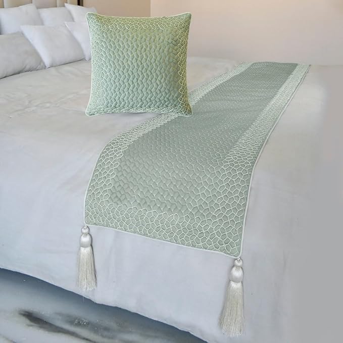 The HomeCentric King/Queen/Twin Blue Designer CA King 86"x18" Bed Runner Without Pillow Cover, Mosaic, Bead Embroidery, Handmade, Tassels Bed Scarf on Jacquard Fabric - Tessellation Blue