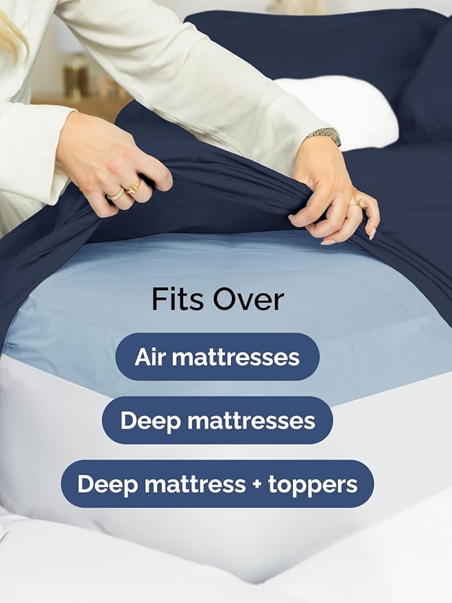 Extra Deep Pocket Full Sheets - 4 Piece Breathable & Cooling Bed Sheets - Hotel Luxury Bed Sheet Set - Soft, Wrinkle Free & Comfy - Easily Fits Extra Deep Mattresses - Deep Pocket Navy Blue Sheets Set