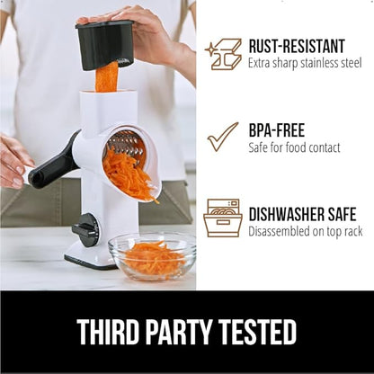 GORILLA GRIP BPA-Free Rotary Cheese Grater Hand Crank, Easy to Set Up, Strong Suction Base for Kitchen Countertop, Shred Potato, Vegetable, Nuts in Seconds, Round Mandoline Slicer, 3 Blades, White