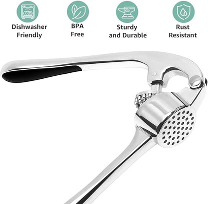 GD Premium Garlic Press Set – Rust-Proof Stainless Steel Garlic Mincer Tool – Easy-Squeeze, Easy-Clean with Soft Ergonomic Handle – Dishwasher Safe, Includes Silicone Peeler & Brush (Imperial Silver)