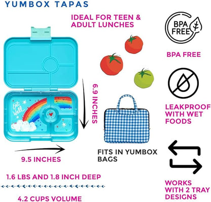 Yumbox Tapas (Antibes Blue Rainbow) - Large Leakproof Bento Lunch Box for Adults/Kids, 4 Compartments, Healthy Portion Control, Dishwasher Safe, BPA-Free, Durable & Lightweight - 4.2 Cups Capacity