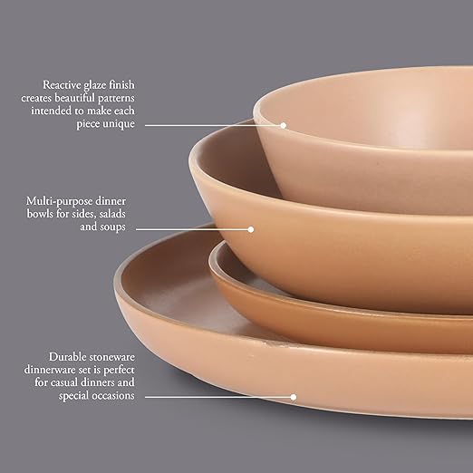 Gibson Elite Laguna Bliss 16 Piece Stoneware Reactive Glaze (Service for 4) Ceramic Plates and Bowls Dinnerware Set - Matte Clay W/Terracotta Bottom
