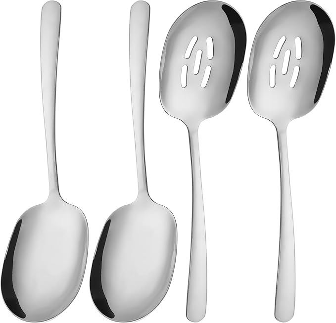 304 Stainless Steel Flatware Serving Utensils - Includes 2 Spoons and 2 Slotted Spoons, Dishwasher Safe