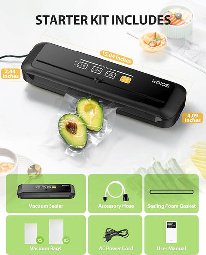 KOIOS Vacuum Sealer Machine, 90Kpa Automatic Vacuum Air food sealer/Built-in Cutter Starter Kit, Dry & Moist Food Preservation Modes, Pulse Function, LED Indicator Lights, Black