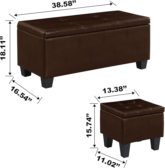 Ottoman with Storage Set of 3, 38'' Button Tufted Storage Ottoman with 2 Stools, Easy Open & Close w/Safety Hinges, Extra Seating Foot Rest for Living Room (Brown - PU Leather)