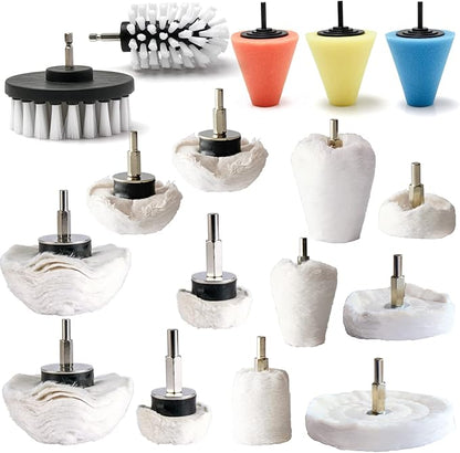 Polishing Pad Buffing Wheel Kit 17 Pack, for Drill for Metal Aluminum Stainless Steel Chrome Wood Plastic Ceramic Glass Woods Fabric Cotton Machine Jewelry etc