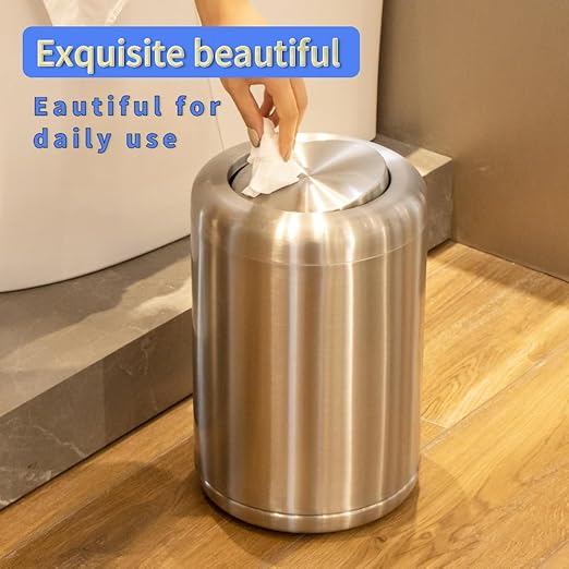 Waste Can 3 Gallon with Swing Lid，Brushed Stainless Steel Trash Can，Metal Cylindrical Garbage Can，Brass Wastebasket Bin for Bathroom,LivingRoom,Office,Kitchen,Bedroom,Hotel (Sliver)